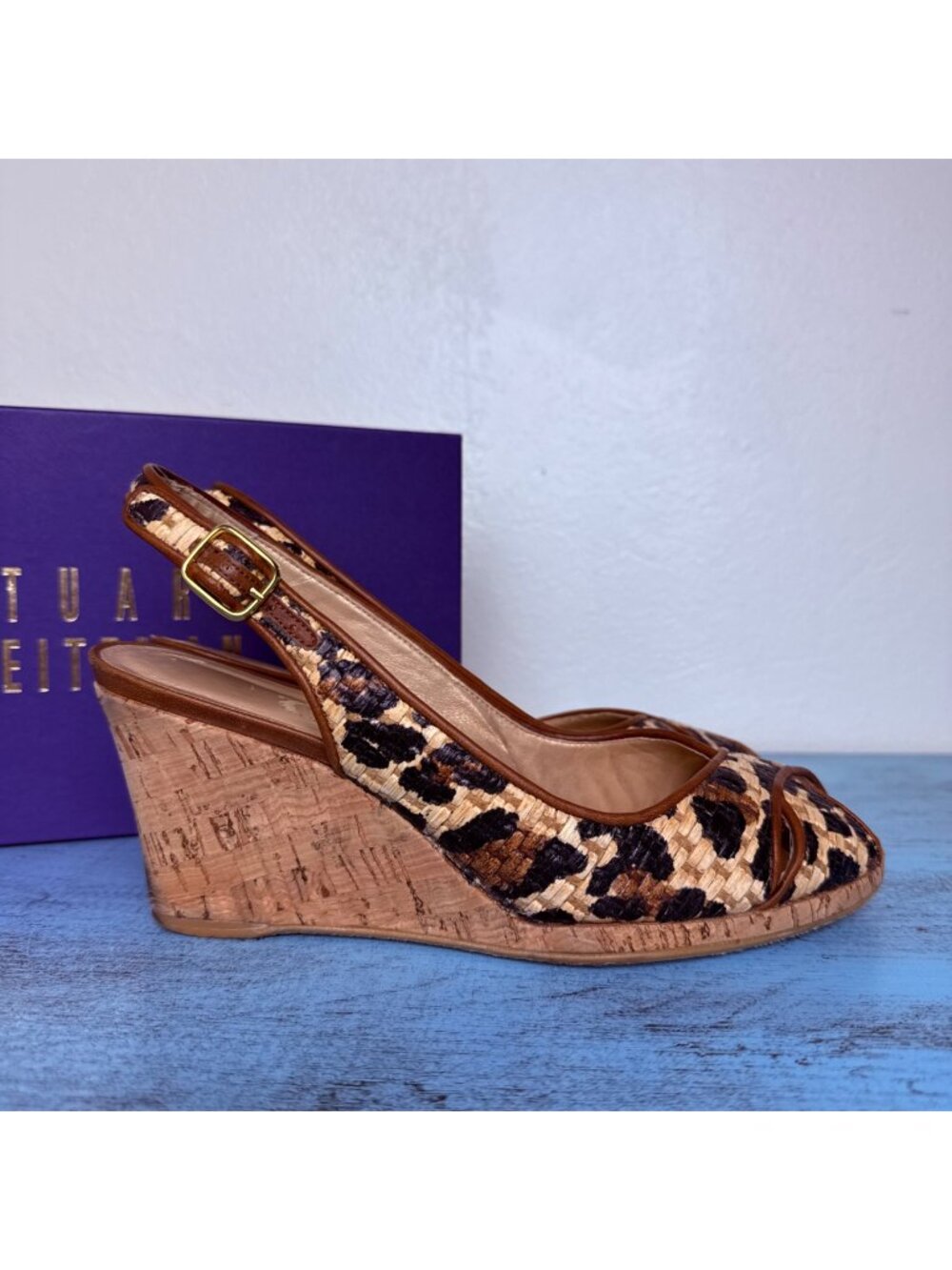 Stuart Weiztman Kayo Cognac Leopard Peep Toe Wedge Sandals Sz 8.5